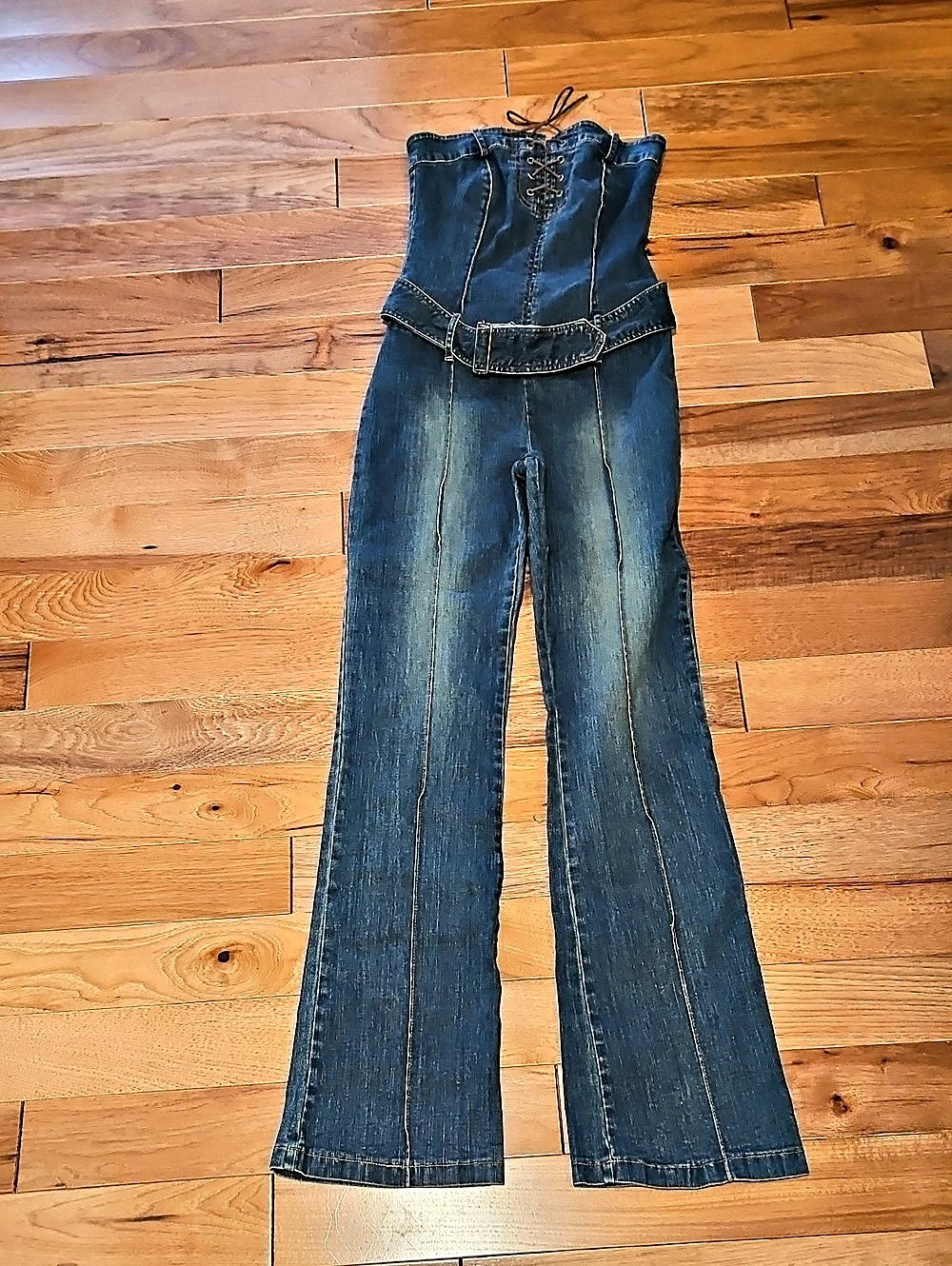 Hot Kiss Vintage Y2K Denim Lace-Up Belted Jumpsuit Small